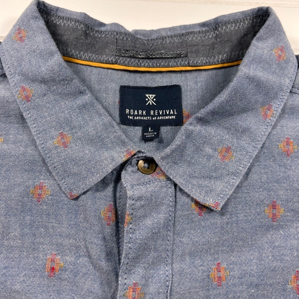 Roark Revival Geometric Aztec AOP Shirt Mens L Blue Short Sleeve Button Up Dobby